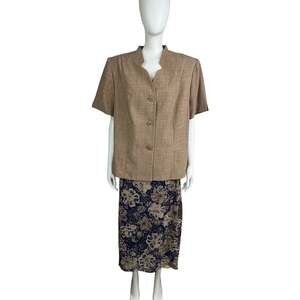 Vintage Dorby 2-Piece Skirt Set Tan Short Sleeve Blazer and Floral Print Skirt